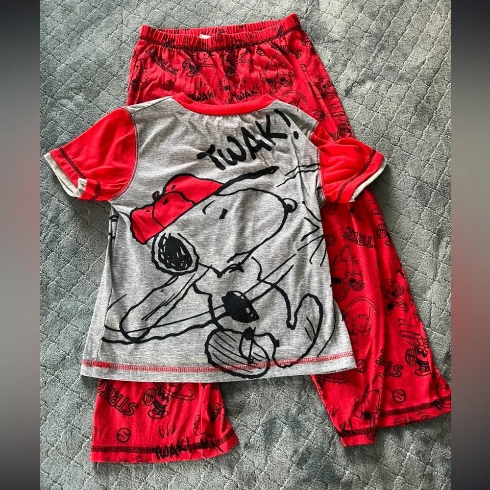 Kids Peanuts Snoopy Charlie Brown Pajama Set Size S 6 7 Flame Resistant Red Gray
